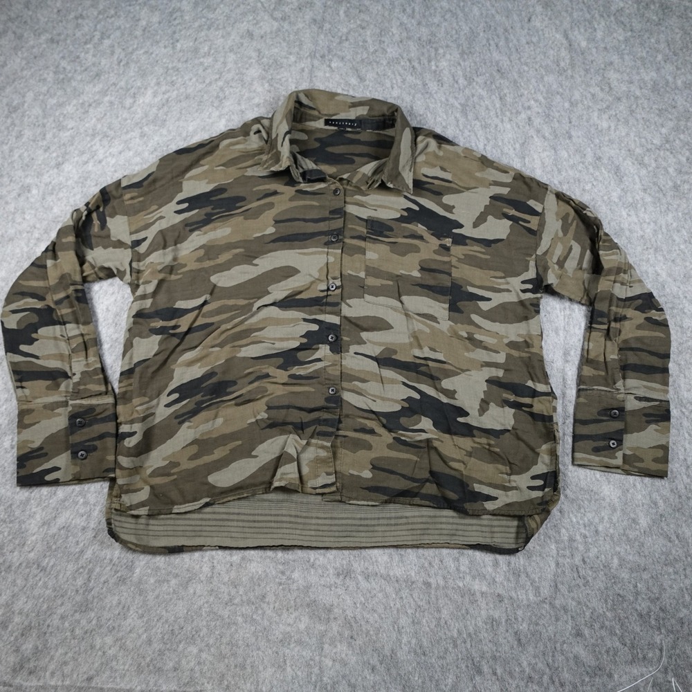 Sanctuary Top Women Large Green Camo Button Front Long Sleeve Utility Military